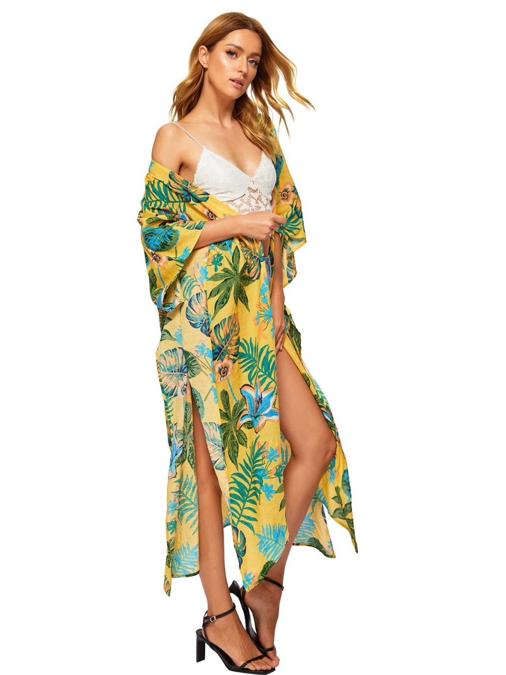 🌸Yellow Floral Kimono Cover-Up - Picture 3 of 6